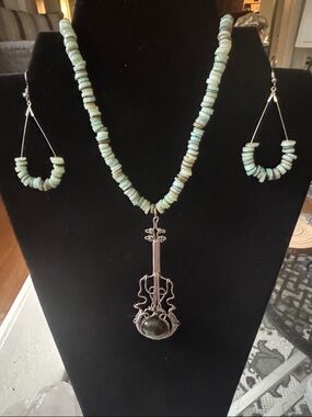 Puka Shell Bead Necklace and Earrings with Labradorite Guitar Pendant